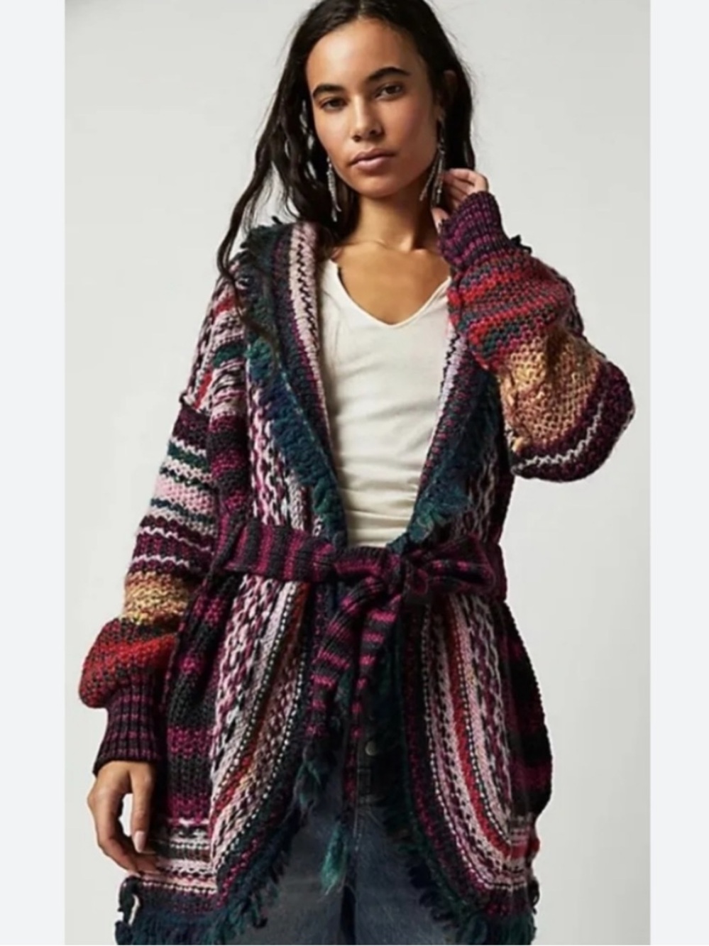 Free People Morgana Fringe Chunky Knit Cardigan Sweater XS/S *Missing Belt - Picture 2 of 6